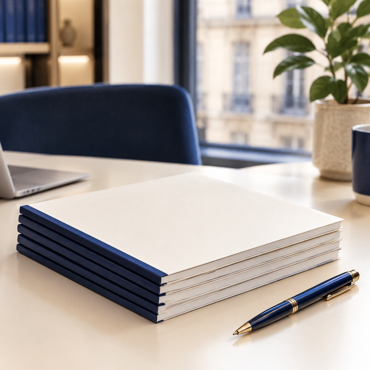 Stack of bound blank report booklets on a cream desk