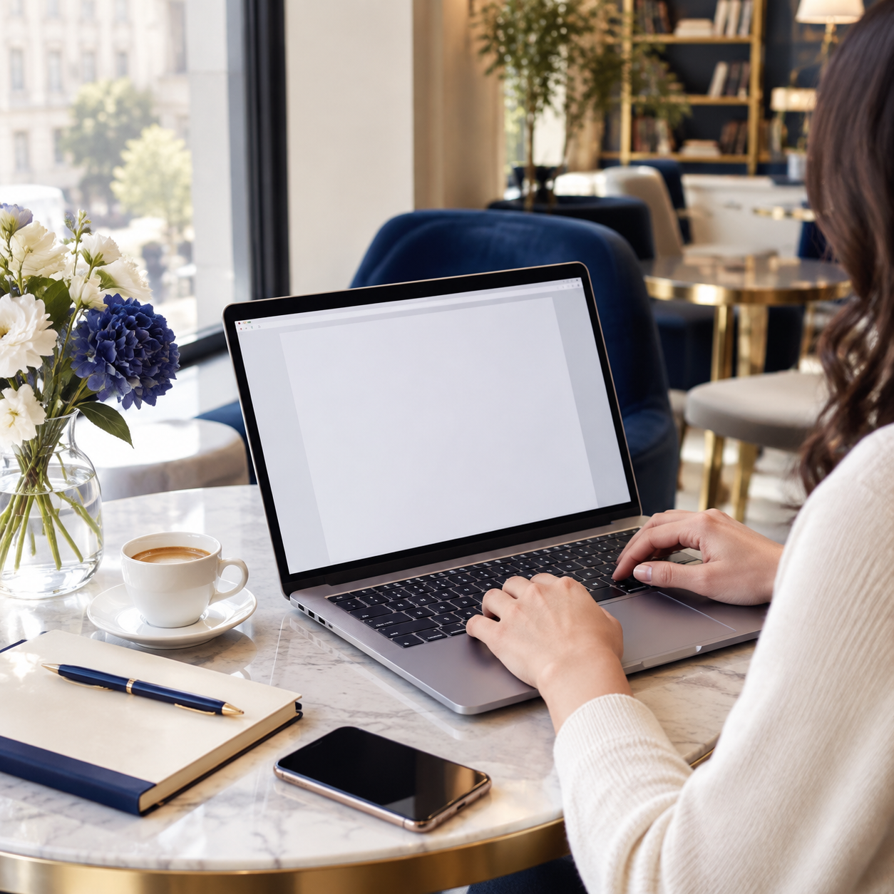 Laptop showing a blank document page in a bright cafe corner