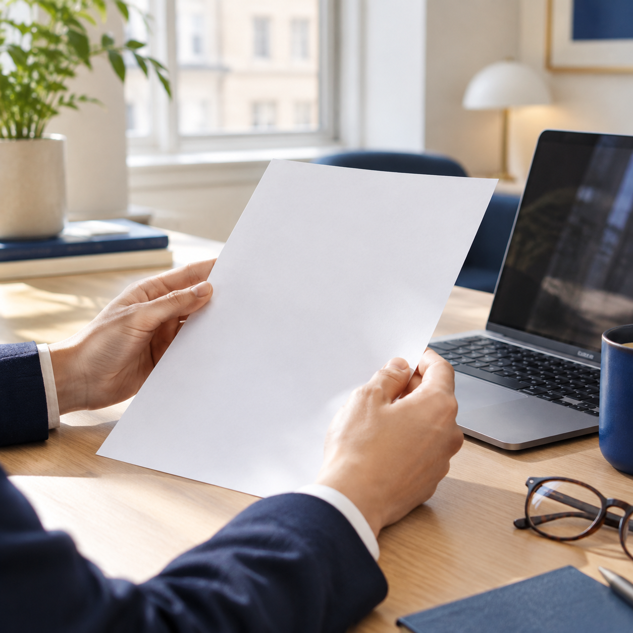 Hands holding a blank printed document beside a laptop