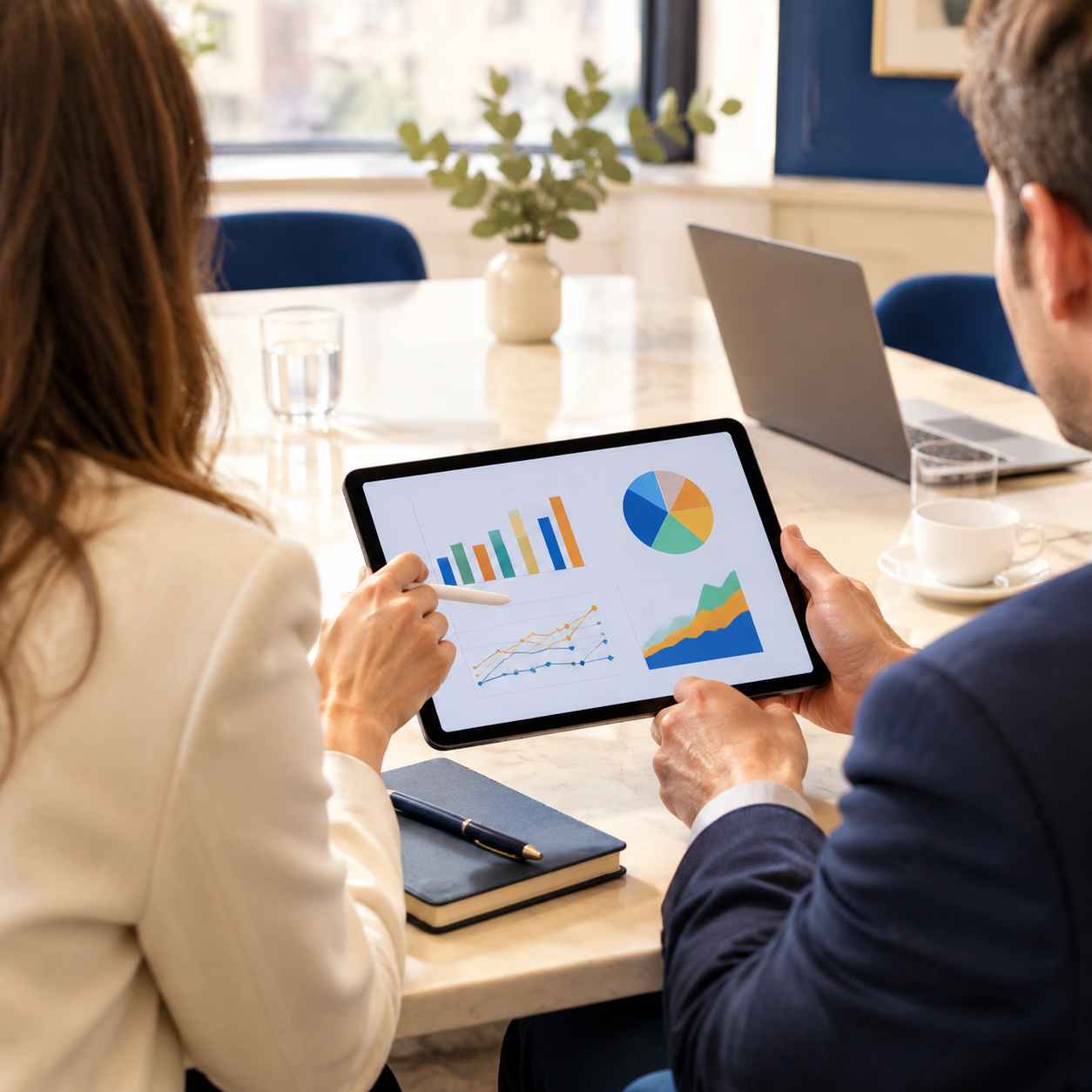 Two colleagues reviewing business charts on a tablet