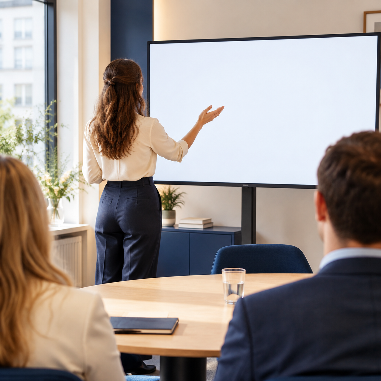 Presenter beside a large screen in a small meeting room, seen from behind