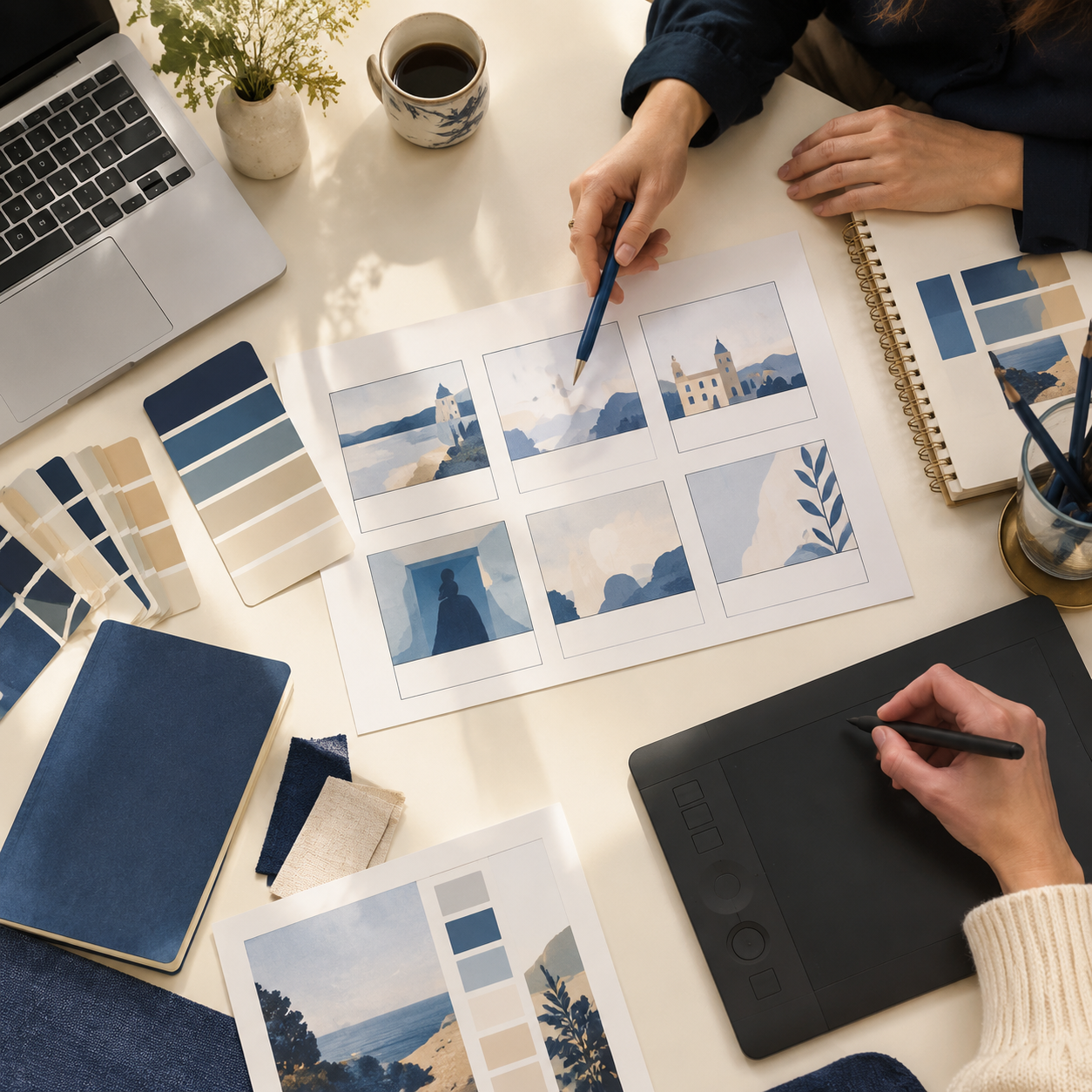Designer workspace with color swatches and blank storyboard panels